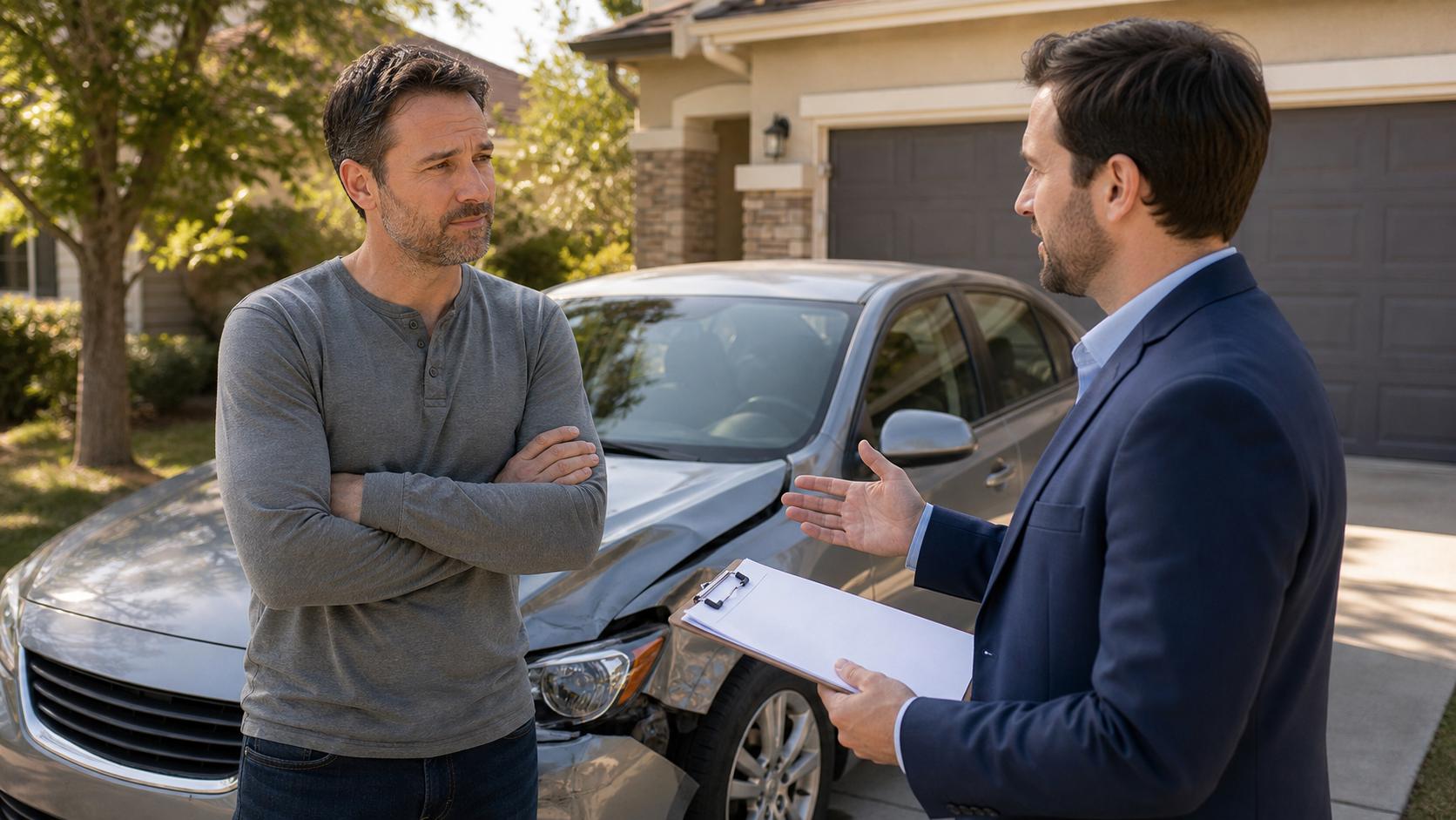 Driver and insurance advisor reviewing accident forgiveness after a minor car accident