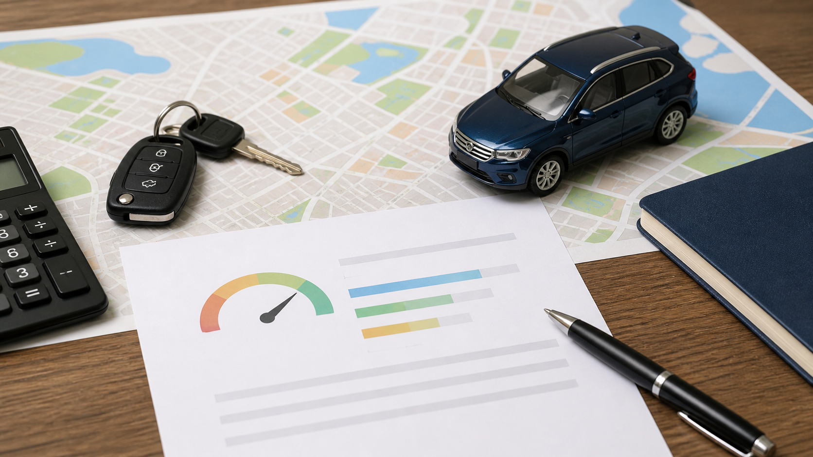 Car keys map and blank credit report materials representing auto insurance premium factors