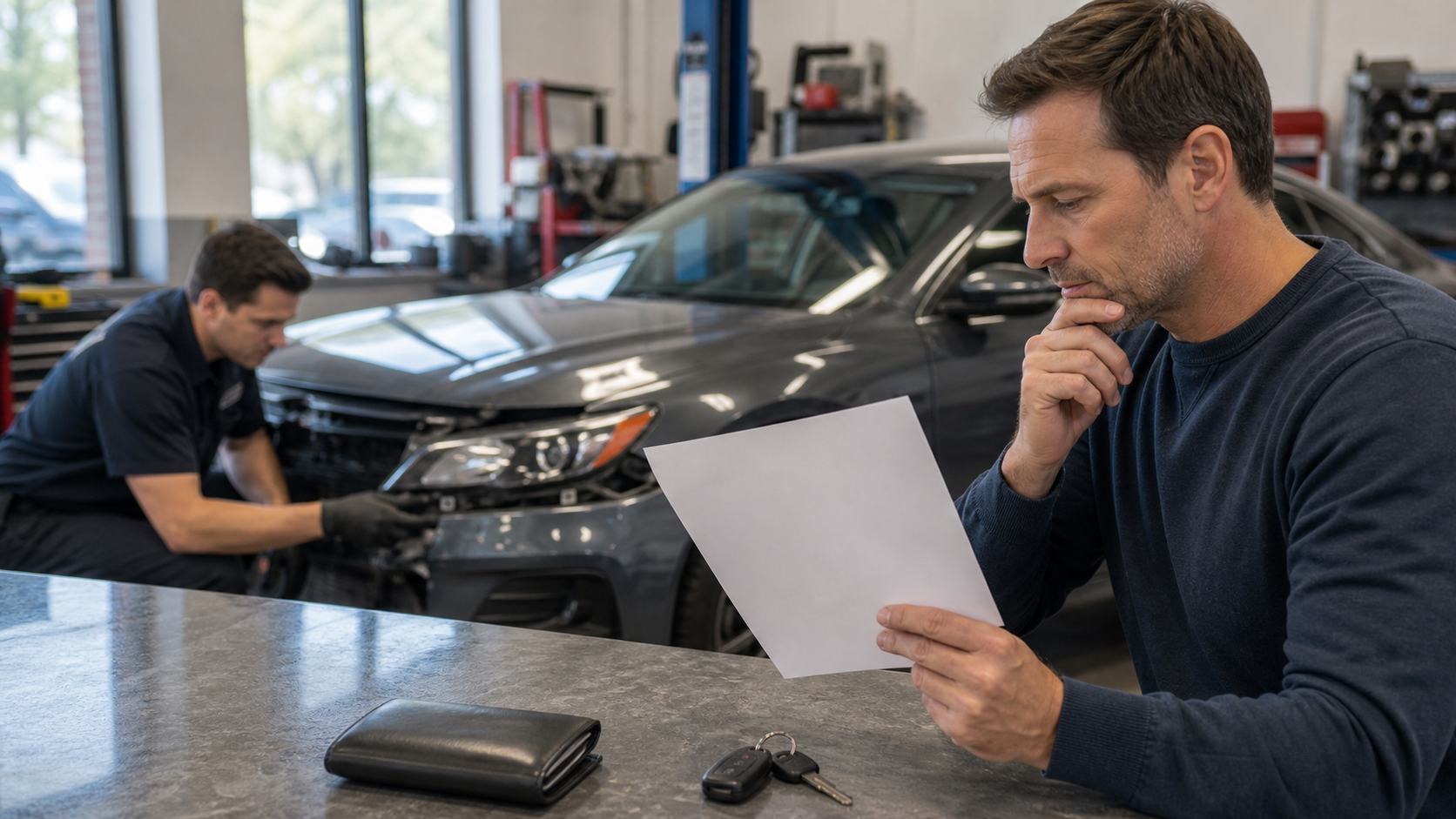 Car owner at repair shop reviewing claim costs and deductible impact