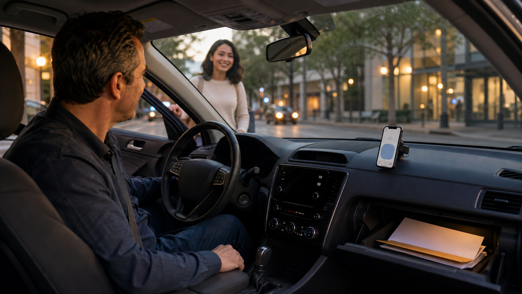 Rideshare driver in a modern car reviewing personal auto insurance needs