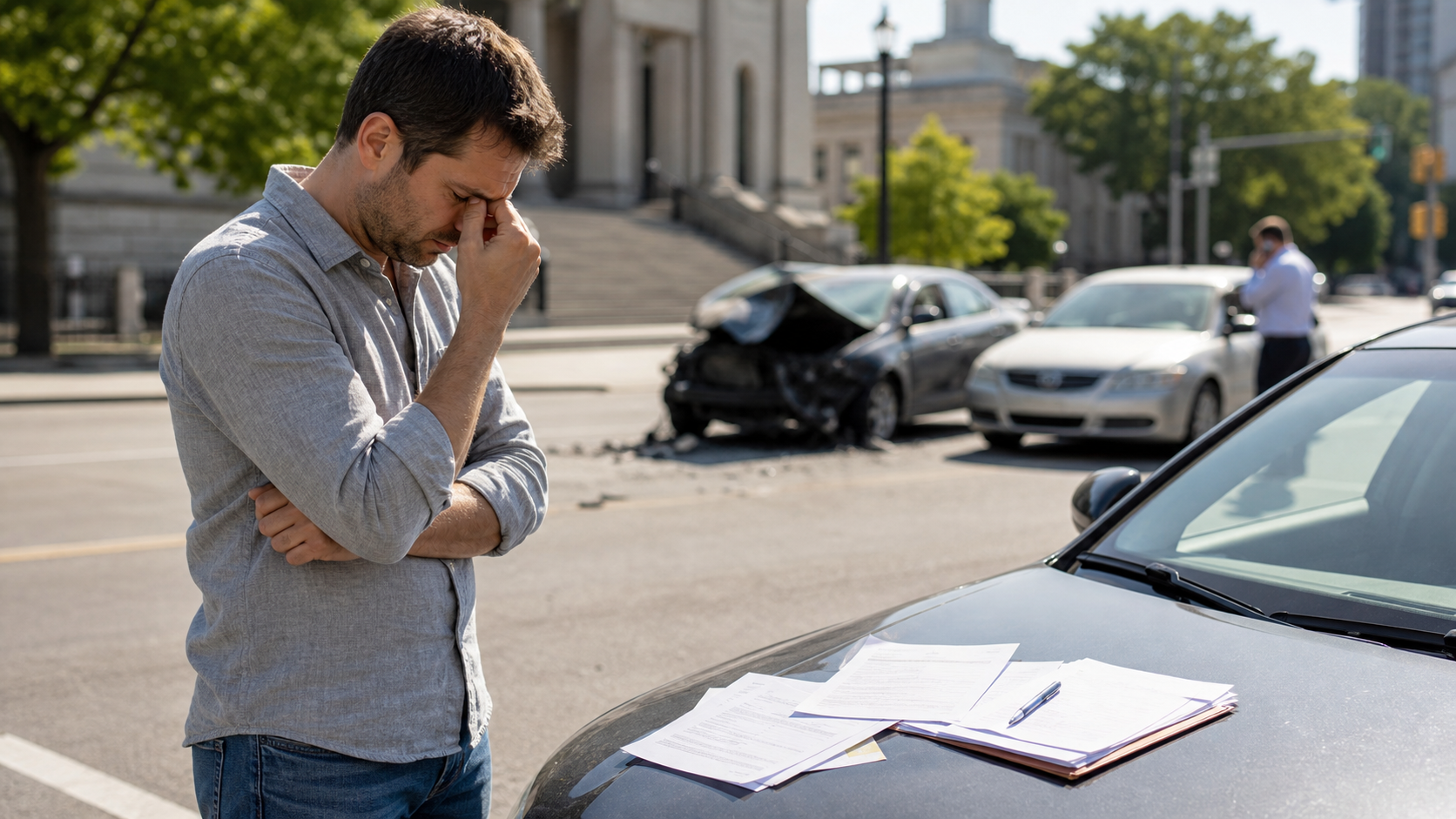 Driver reviewing sparse insurance paperwork after an accident showing underprotected state minimum coverage