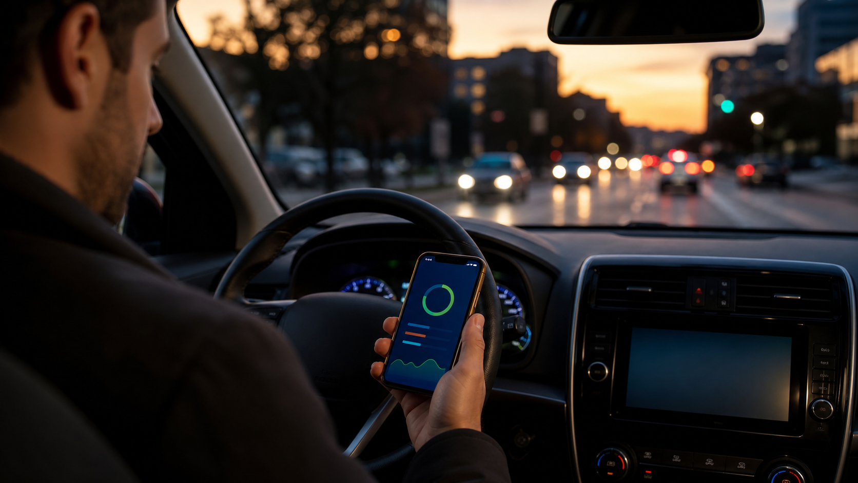 Driver viewing an abstract telematics app dashboard inside a modern car