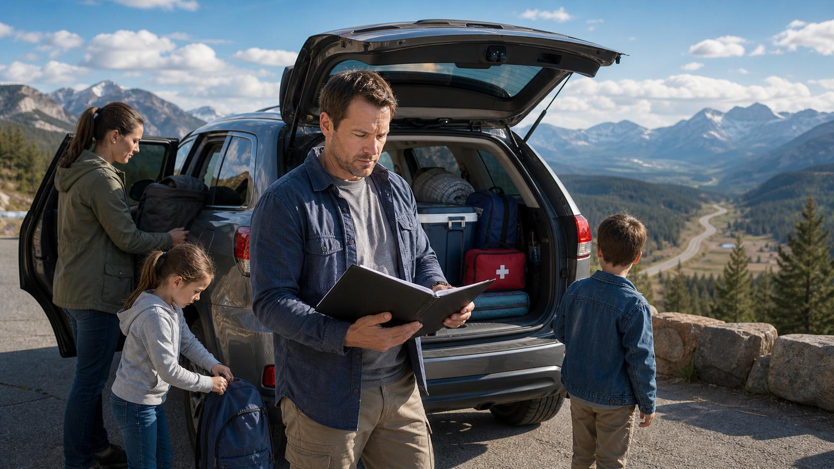 Family car packed for a road trip with emergency kit and blank auto insurance folder