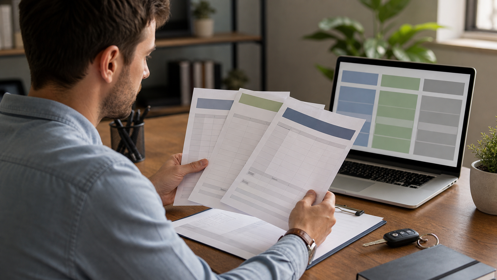 Driver comparing multiple blank auto insurance quote sheets beyond cheapest price