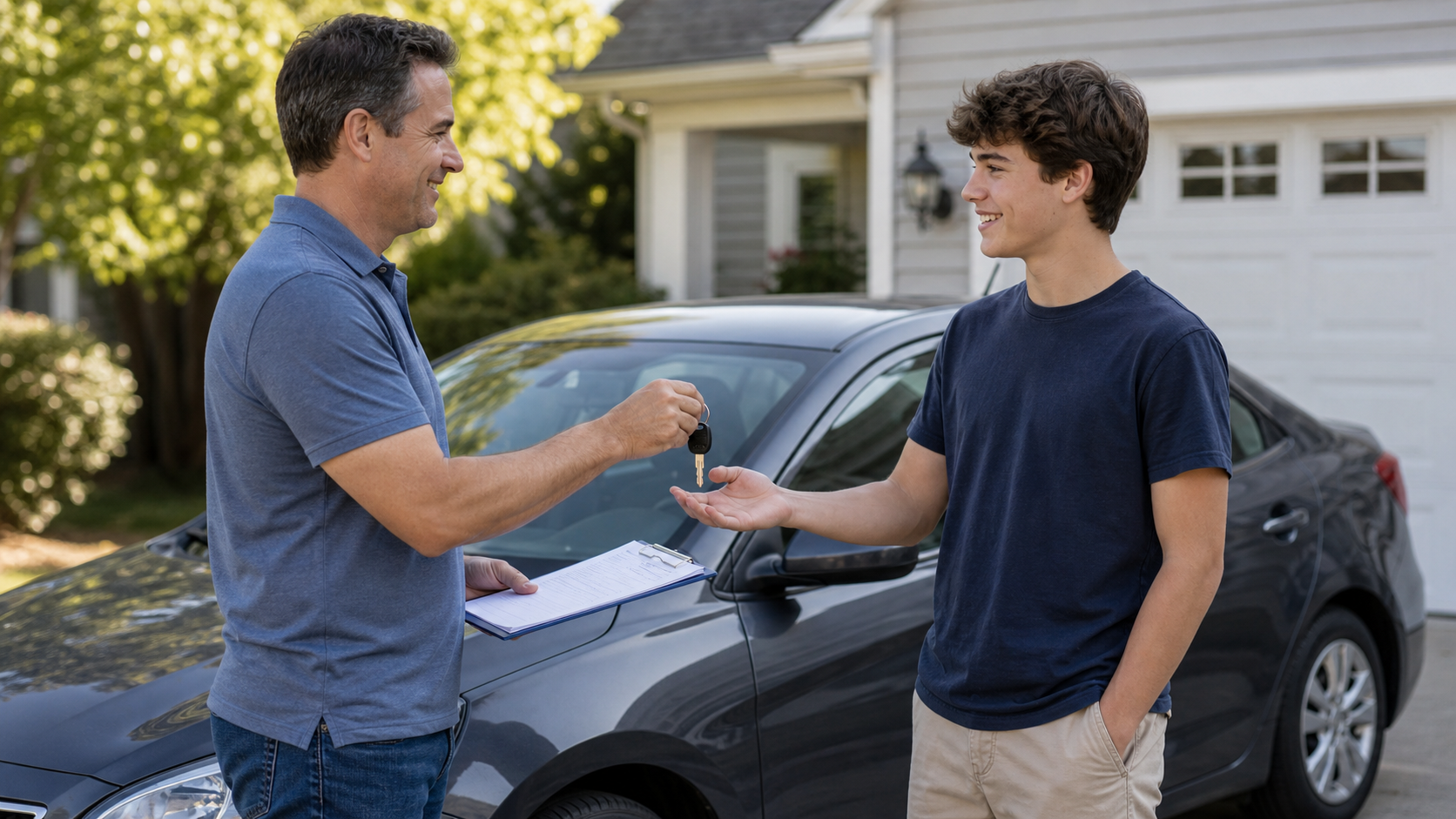 Parent and teen beside a compact car preparing for teen driver insurance costs