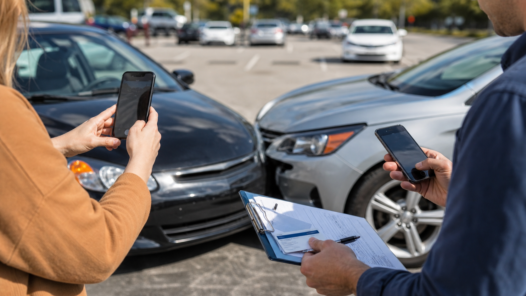 Drivers calmly documenting a minor fender bender for an auto insurance claim