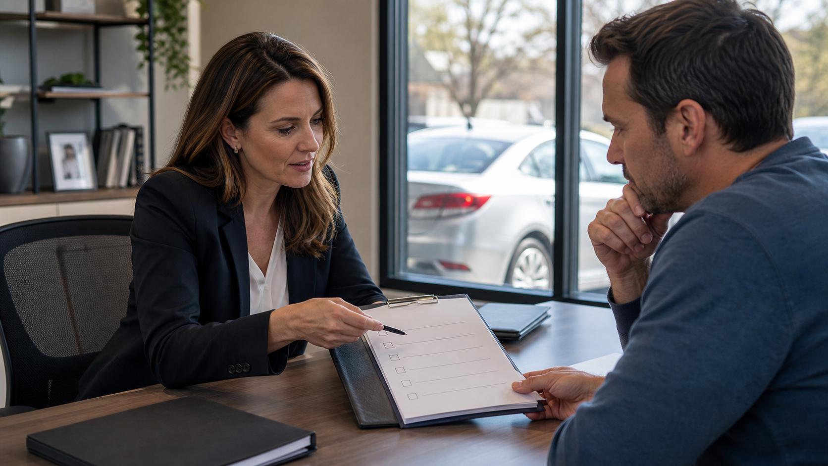 Car owner asking an insurance advisor questions before auto insurance renewal