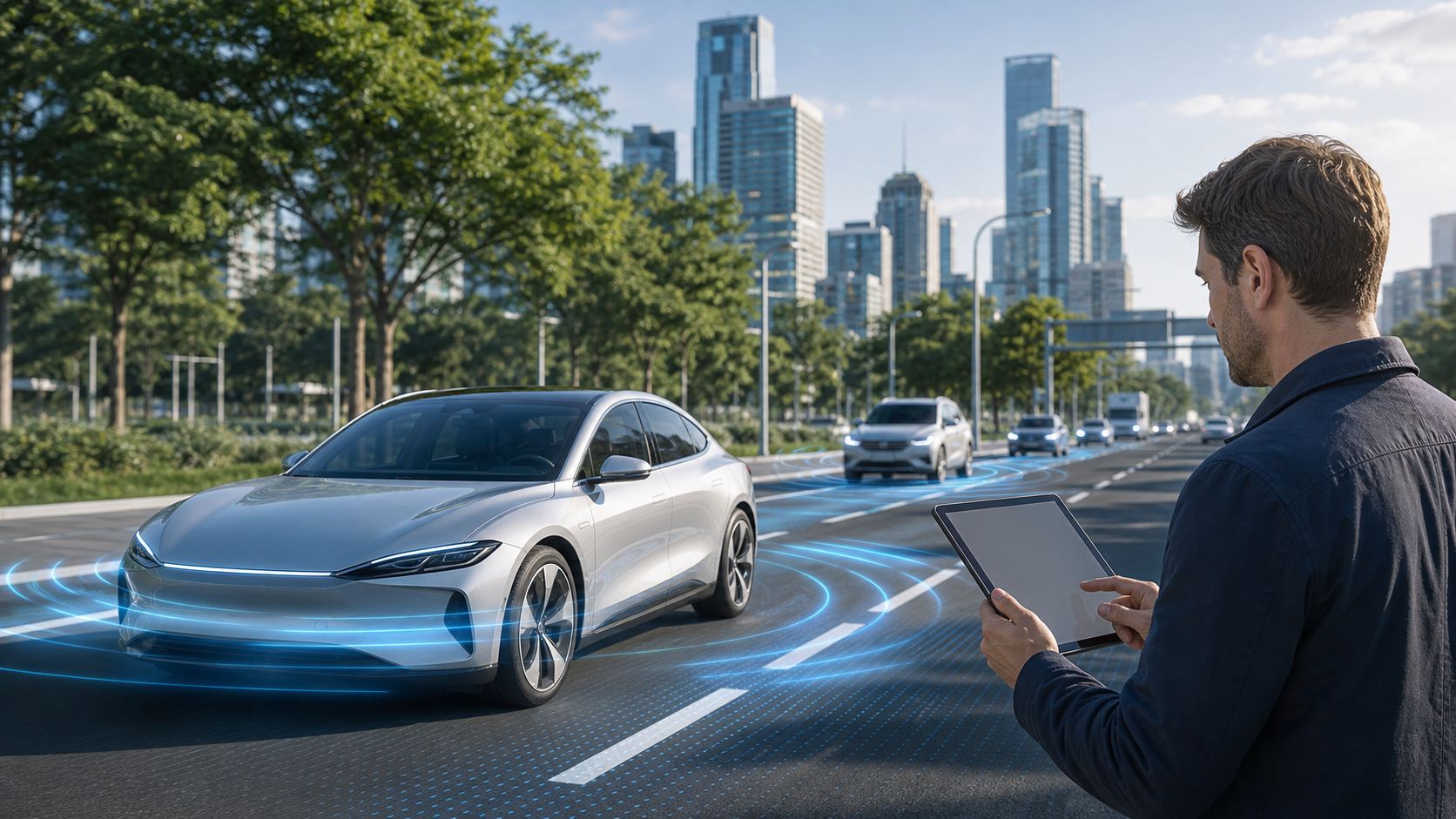 Futuristic electric car on a smart road with digital auto insurance claim technology