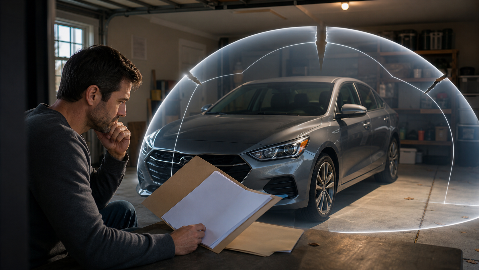 Modern car with subtle protective shield gaps representing full coverage auto insurance exclusions