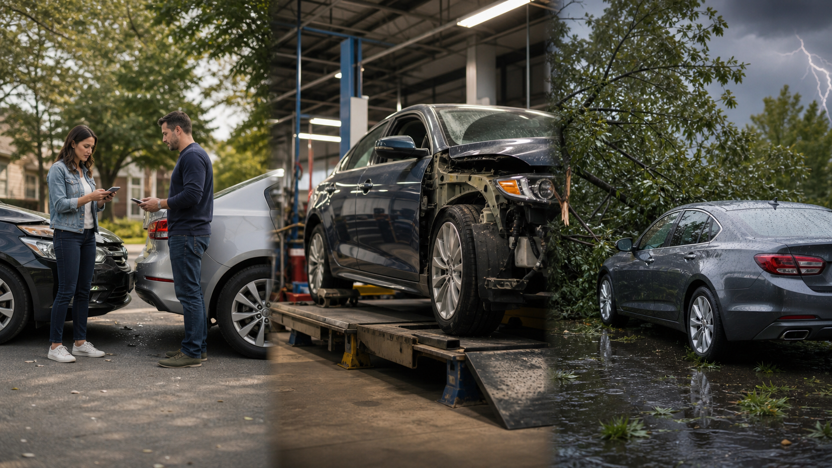 Three realistic auto insurance coverage situations showing liability collision and comprehensive protection