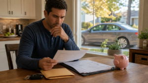 Car owner comparing repair costs and emergency savings before choosing a high deductible auto policy