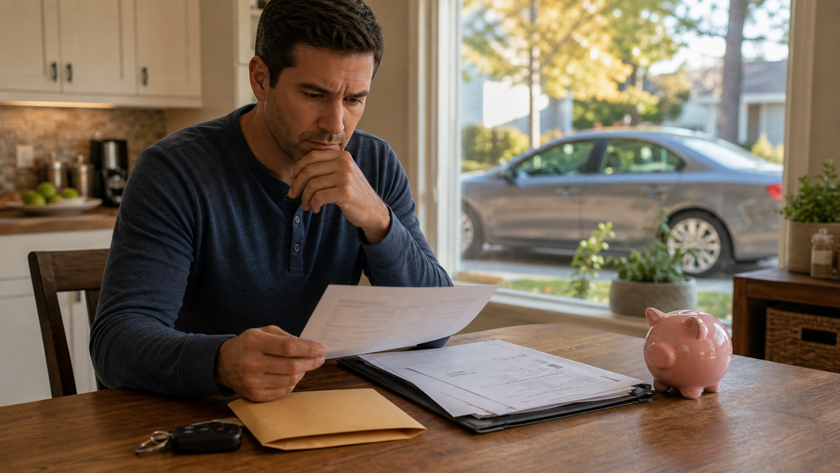 Car owner comparing repair costs and emergency savings before choosing a high deductible auto policy