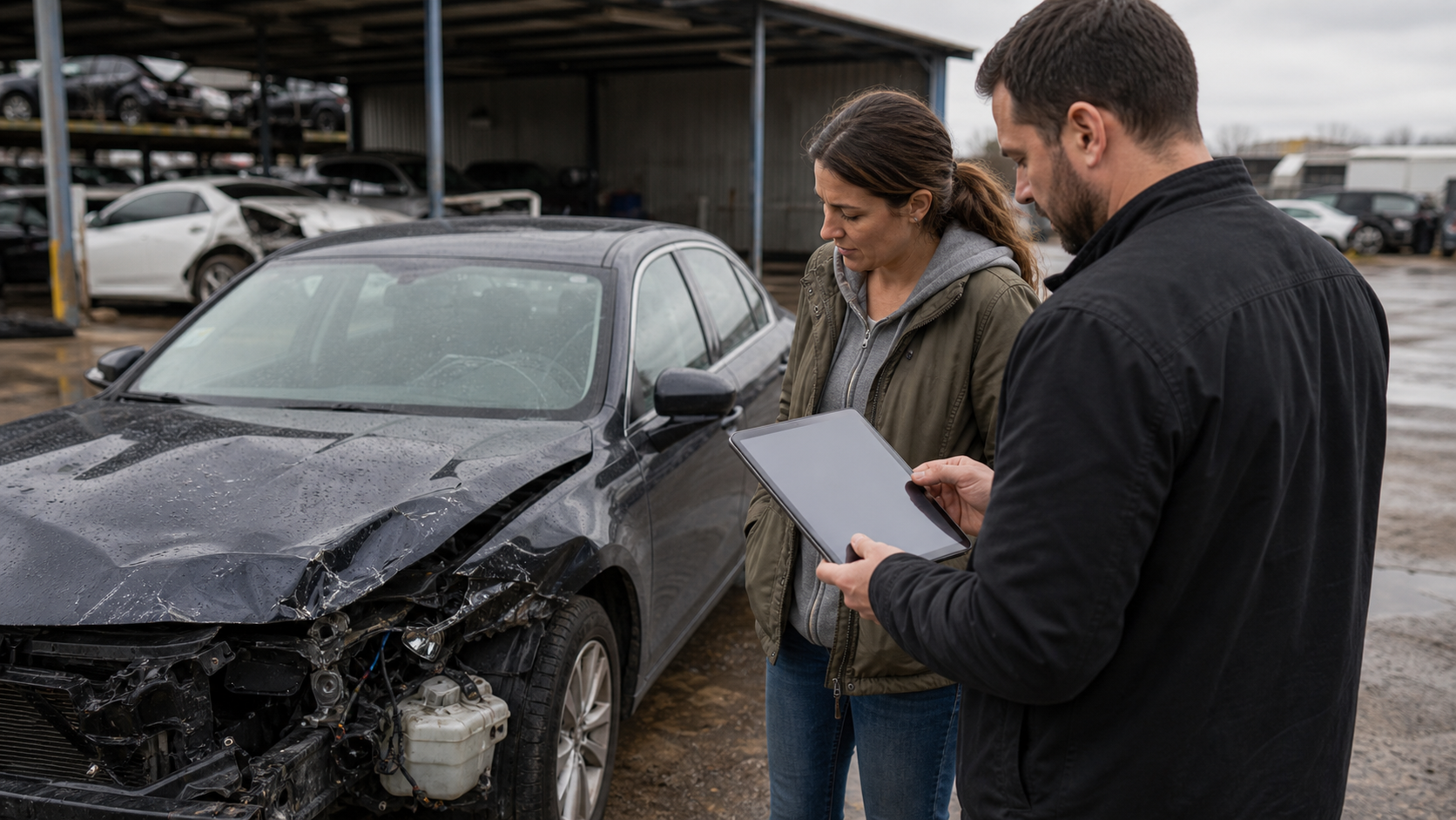 Insurance adjuster inspecting a damaged vehicle after a total loss auto claim