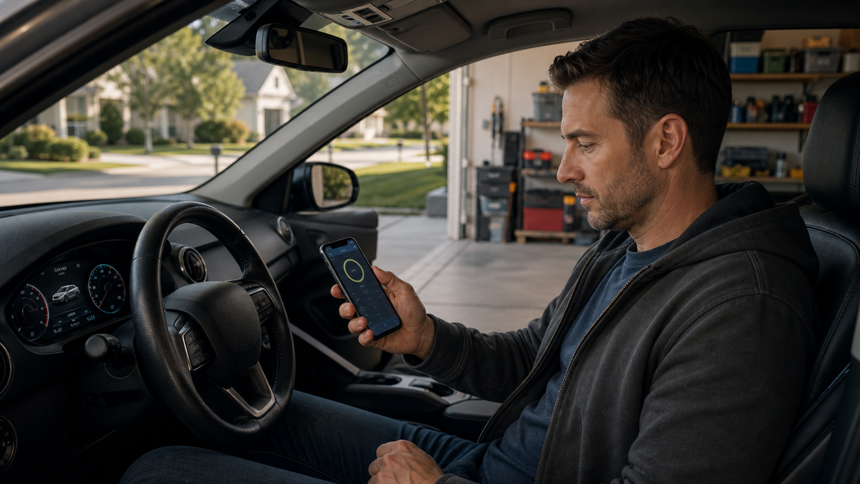 Low-mileage driver reviewing a blank usage-based insurance tracking interface in a quiet garage