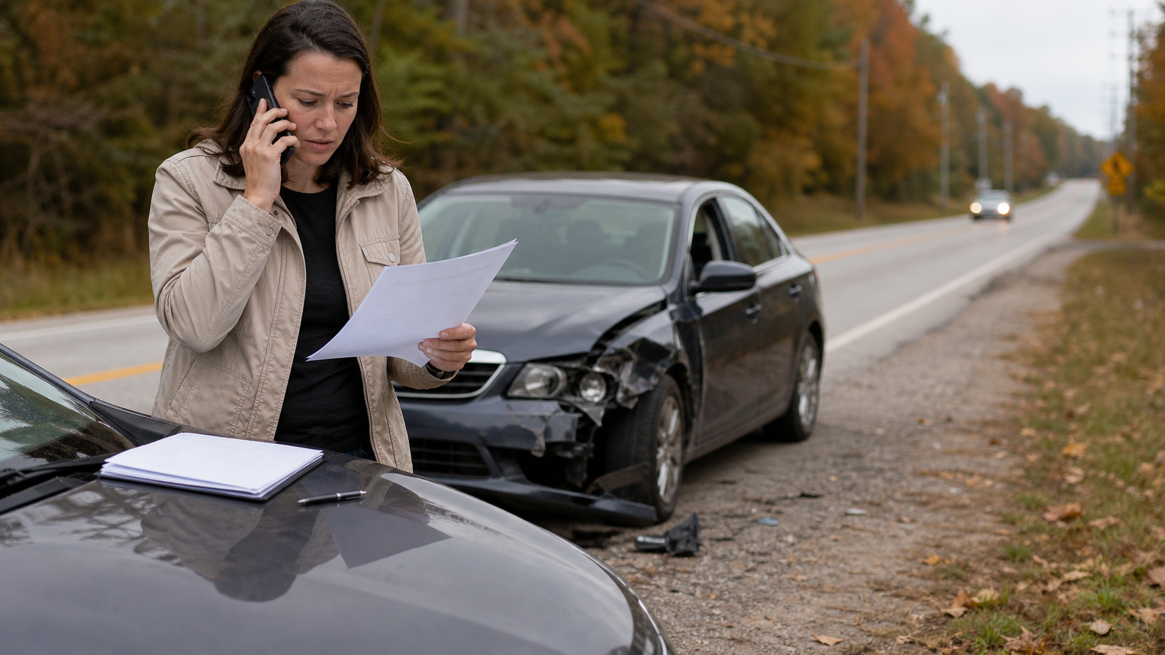 Driver calling insurer beside a damaged car after an uninsured motorist crash