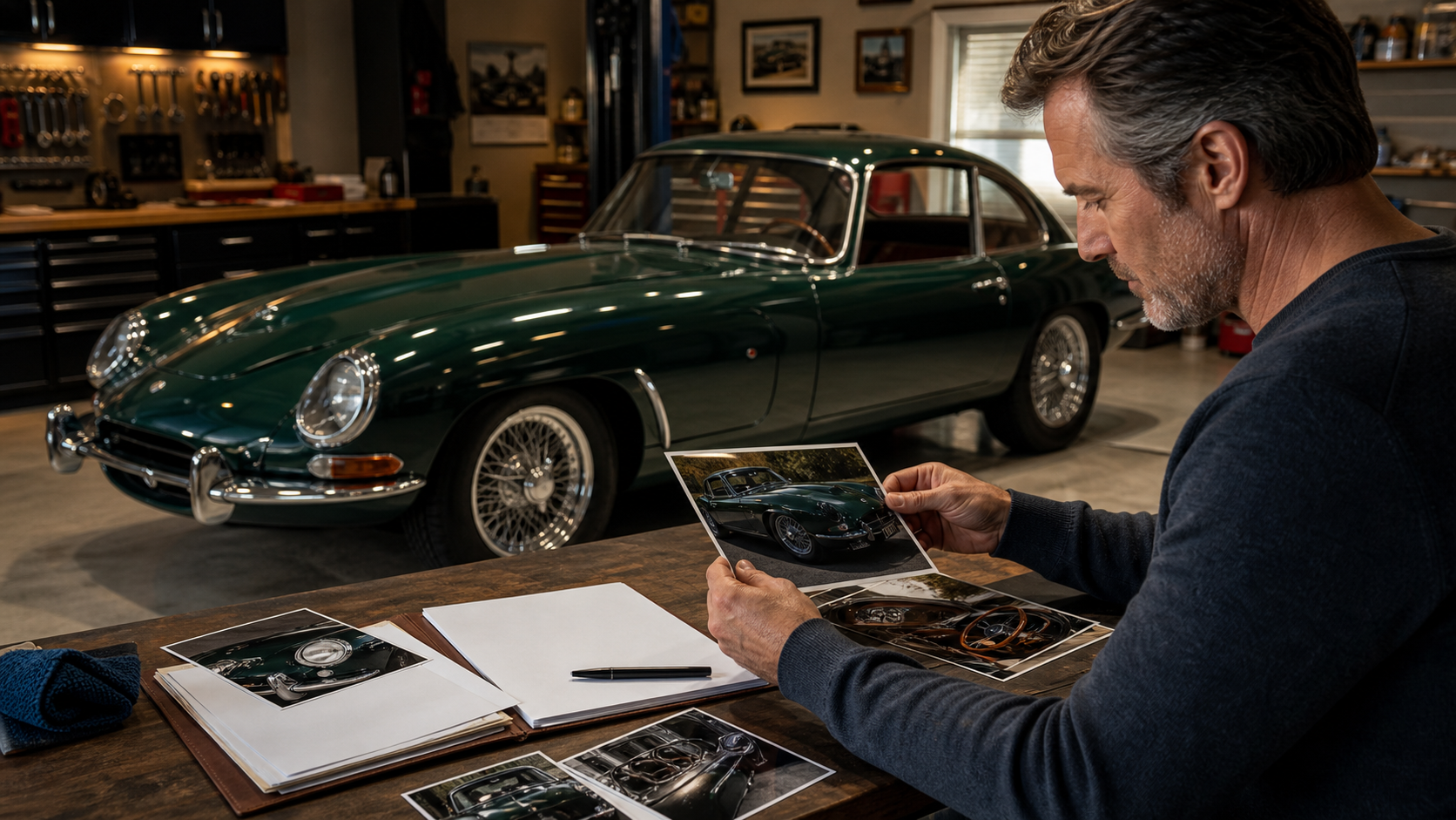 Vintage classic car in a private garage with blank appraisal and insurance documents