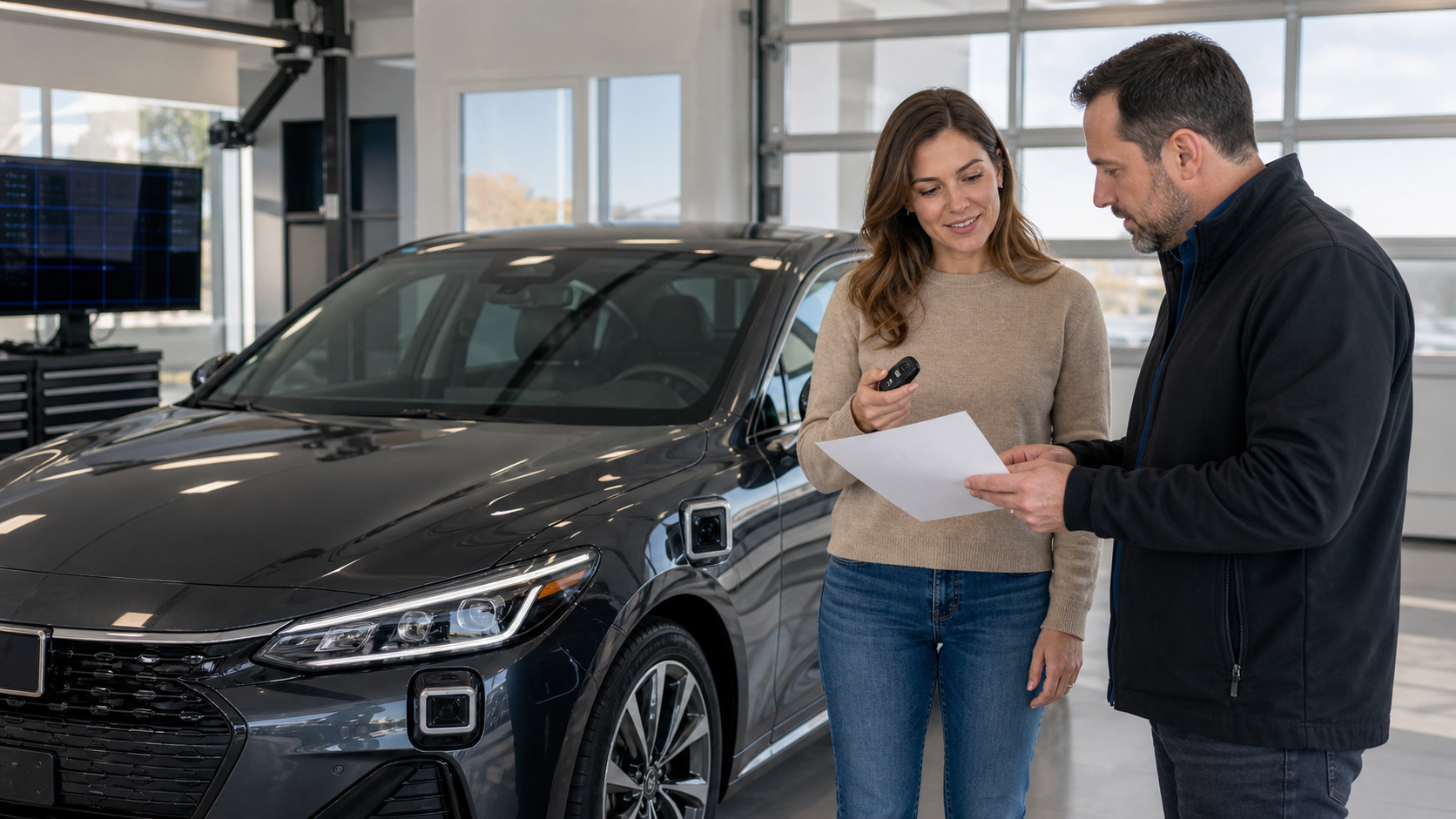 New car with advanced sensors and blank insurance paperwork showing higher insurance costs
