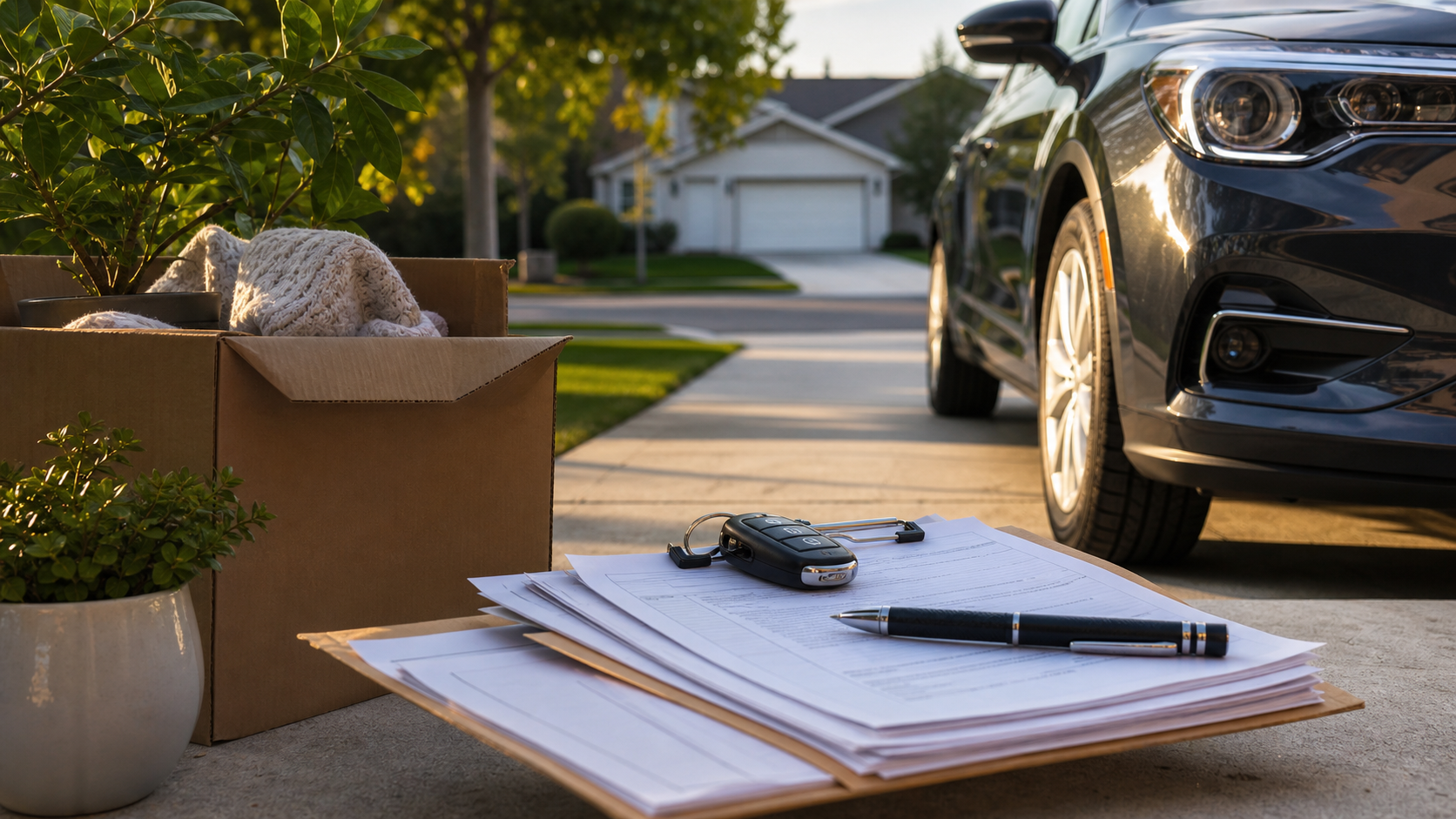 Modern car in a driveway with moving boxes and insurance paperwork for auto insurance rate changes