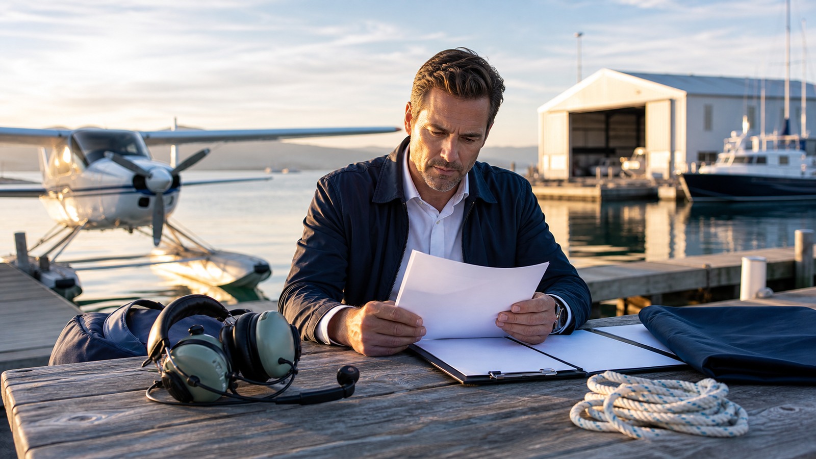 Photorealistic insurance planning scene for How to Read a Marine Aviation Insurance Claims Policy Like a Pro
