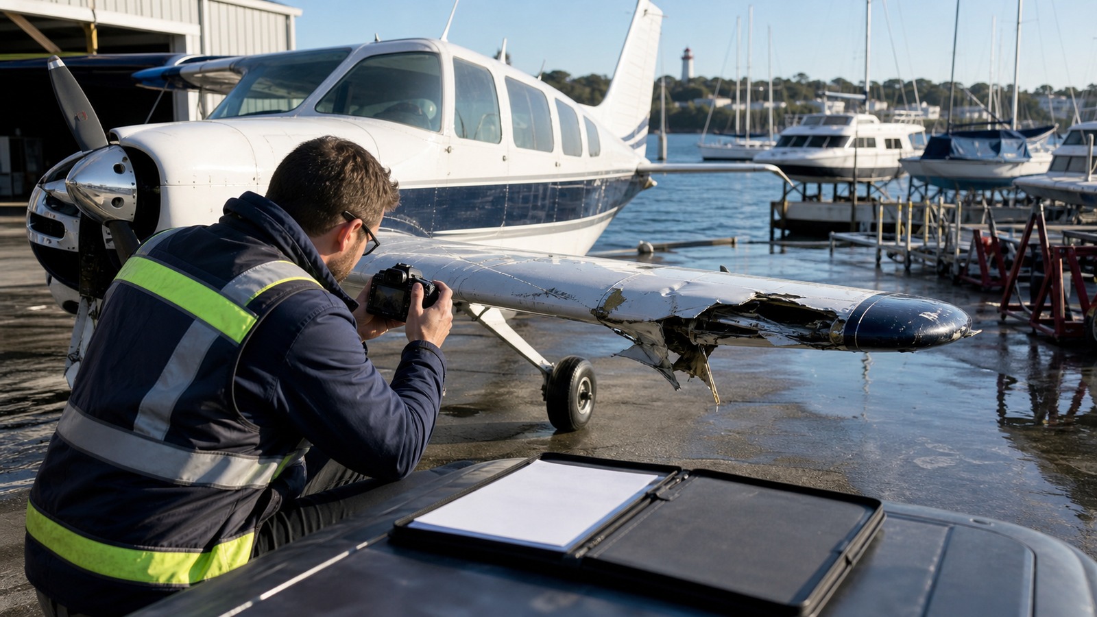 Photorealistic insurance planning scene for Marine Aviation Insurance Costs Claims: Step-by-Step Guide to Getting Paid