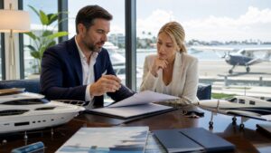 Photorealistic insurance planning scene for The Pros and Cons of Marine Aviation Insurance Quotes