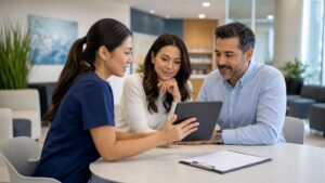 Photorealistic insurance planning scene for The Pros and Cons of Health Plans Medical Networks Quotes