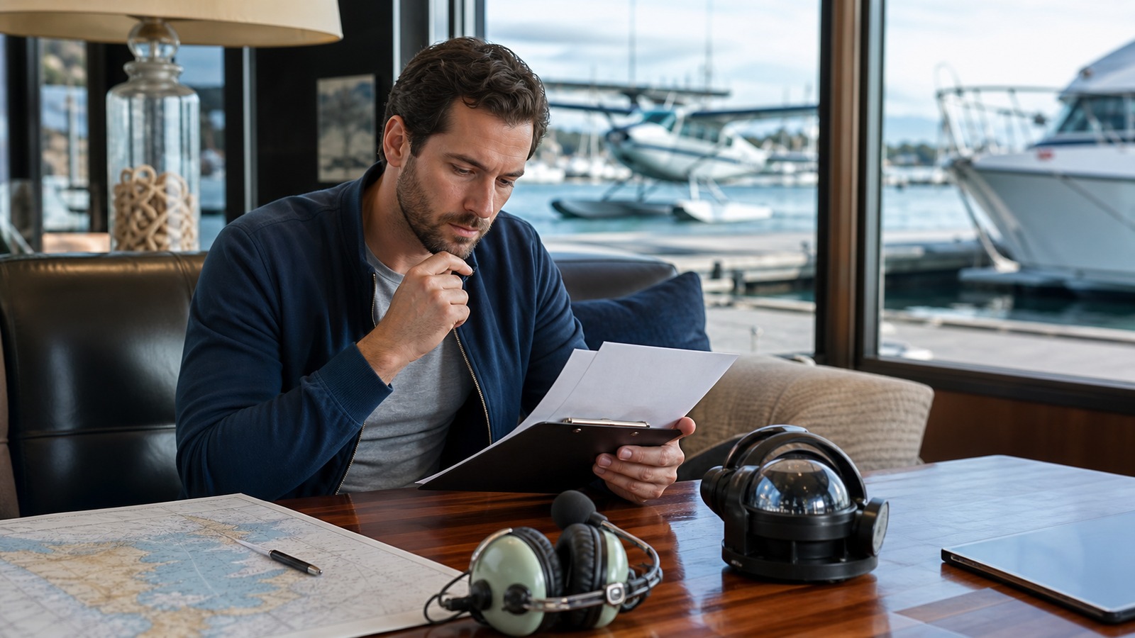 Photorealistic insurance planning scene for Beginner’s Guide to Marine Aviation Insurance Exclusions Coverage Options