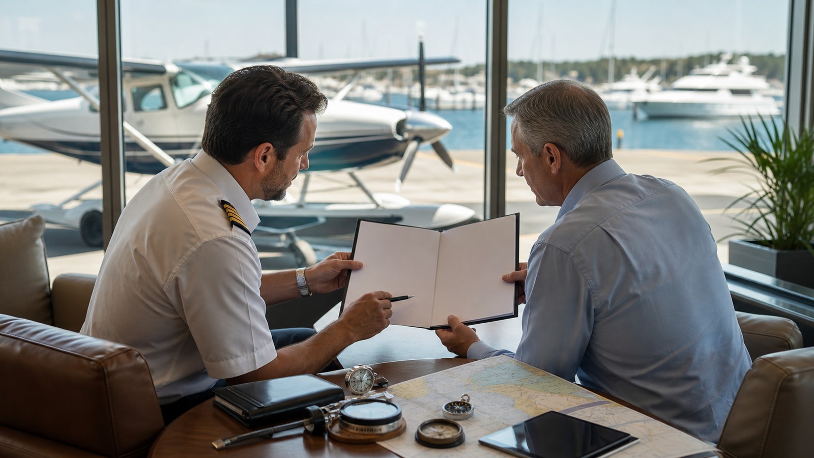 Photorealistic insurance planning scene for Marine Aviation Insurance Planning Terms and Jargon Explained