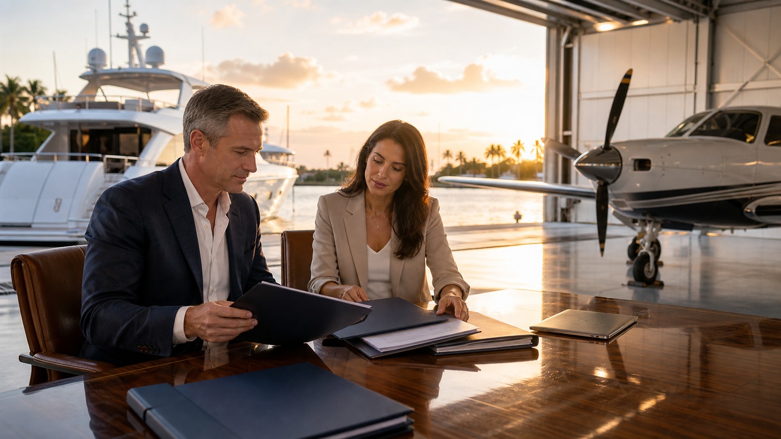 Photorealistic insurance planning scene for How to Bundle Marine & Aviation Insurance for Bigger Savings