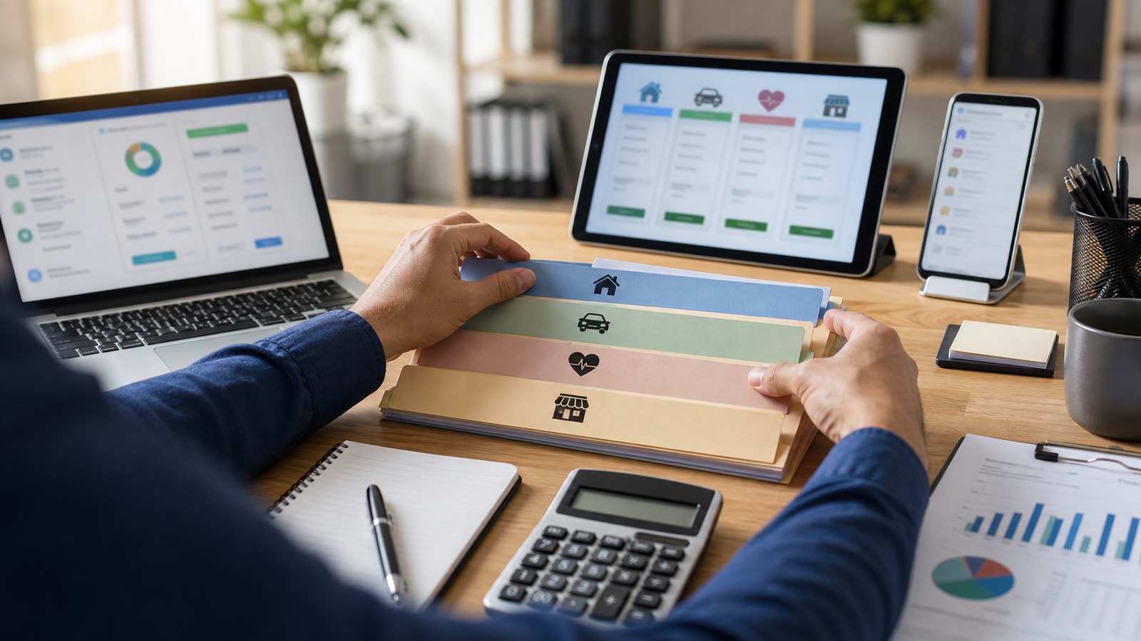 Photorealistic insurance planning scene for How to Bundle Coverage Calculators for Bigger Savings