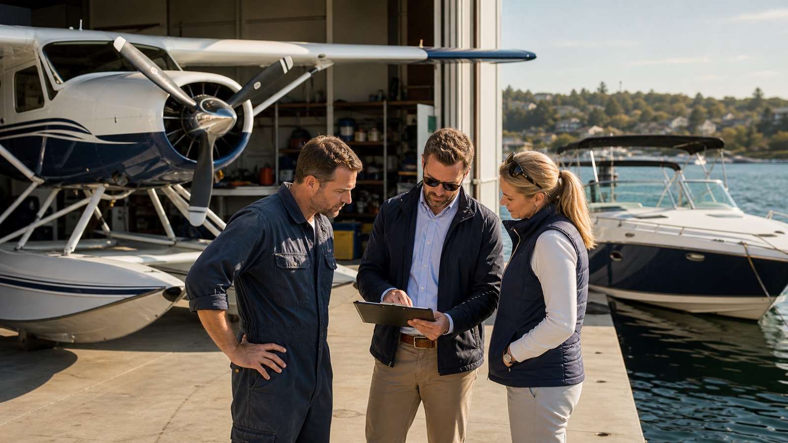 Photorealistic insurance planning scene for What Raises or Lowers Marine Aviation Insurance Policy Rates?