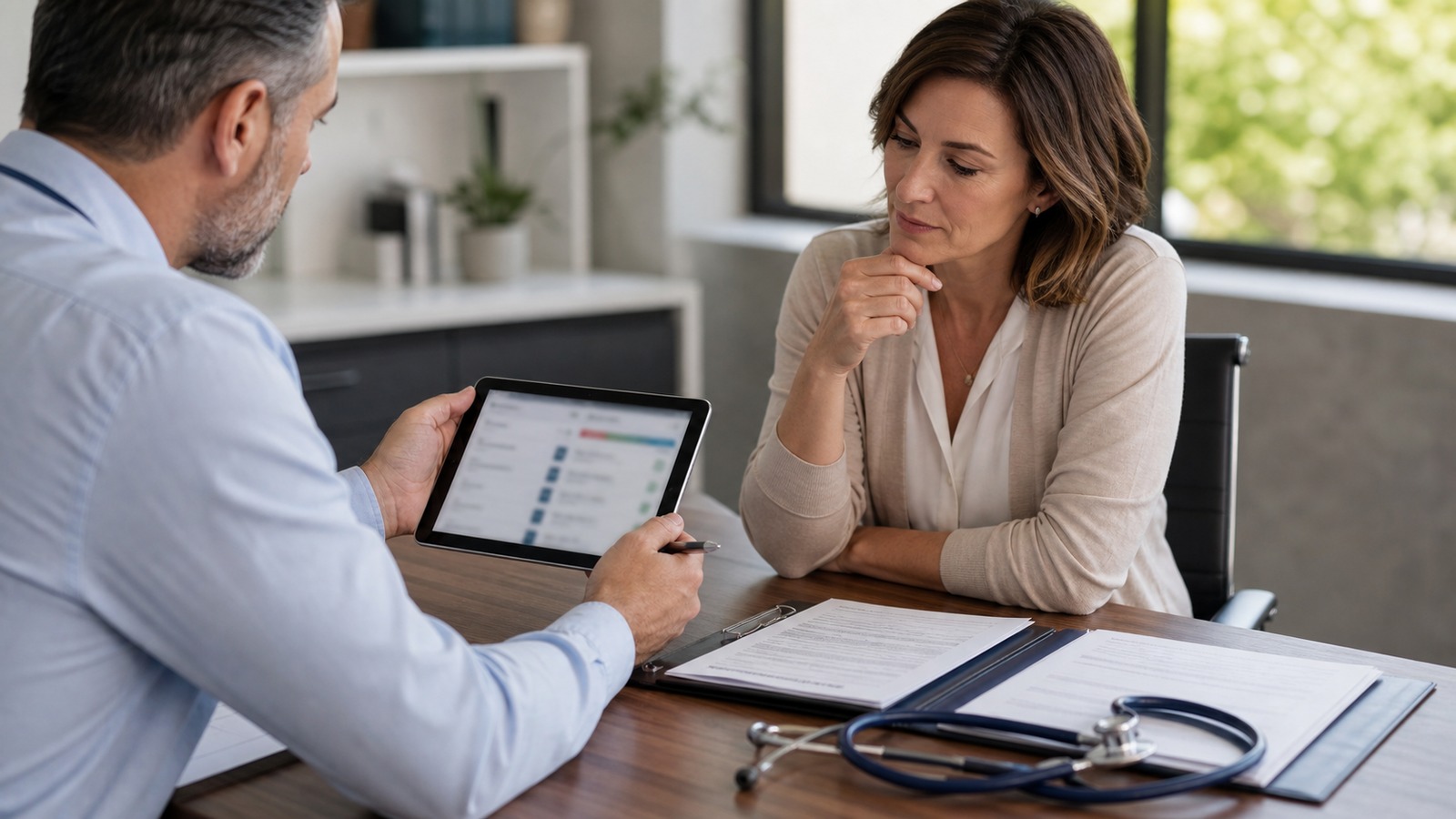 Photorealistic insurance planning scene for What Raises or Lowers Health Plans Medical Networks Policy Rates?