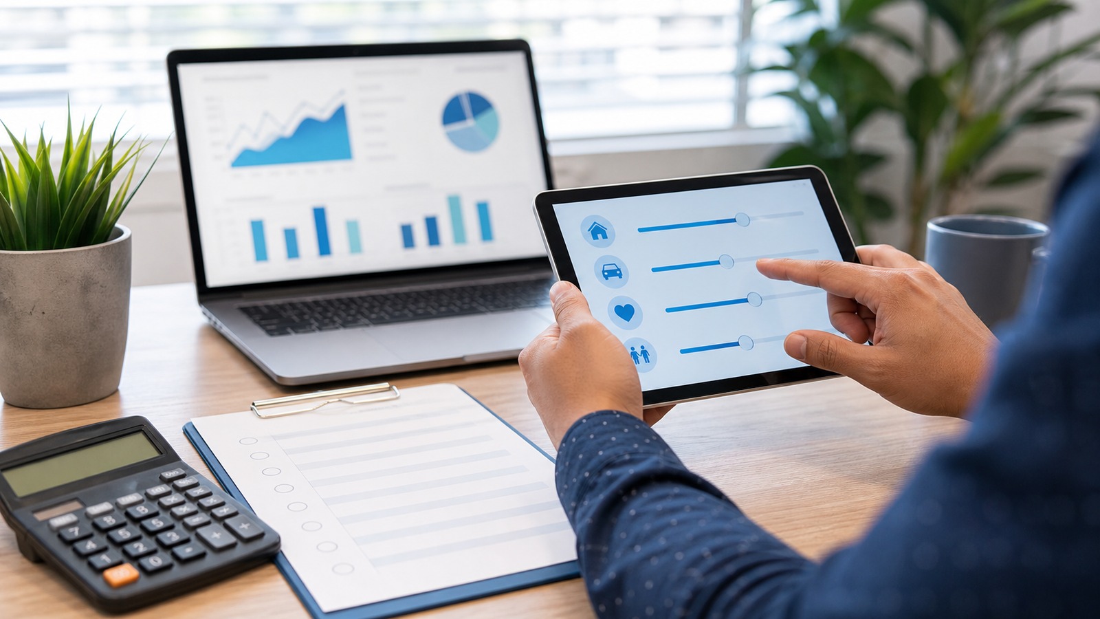 Photorealistic insurance planning scene for What Raises or Lowers Coverage Calculators Policy Rates?